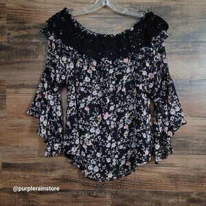 WHBM Floral Chiffon Ruffle Crochet Lace Top 1X Sheer Flutter Sleeve Ethereal